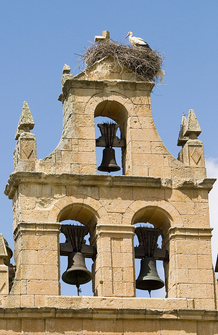 Bell gable with stork nest. Chapel of Cristo de Morales, Via de la Plata, Zamora province, Castilla y León, Spain