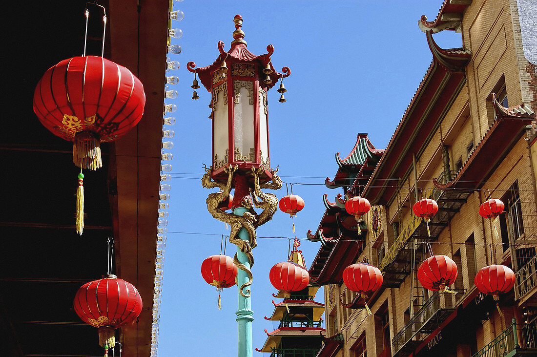 Lanterns and architecture of Chinatown in San Francisco, CA.