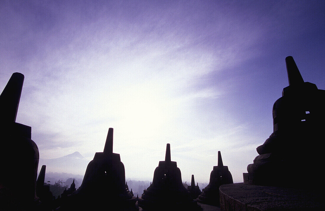 Sunrise. Stupas. Borobudur Temple. Yogyakarta. Java. Indonesia