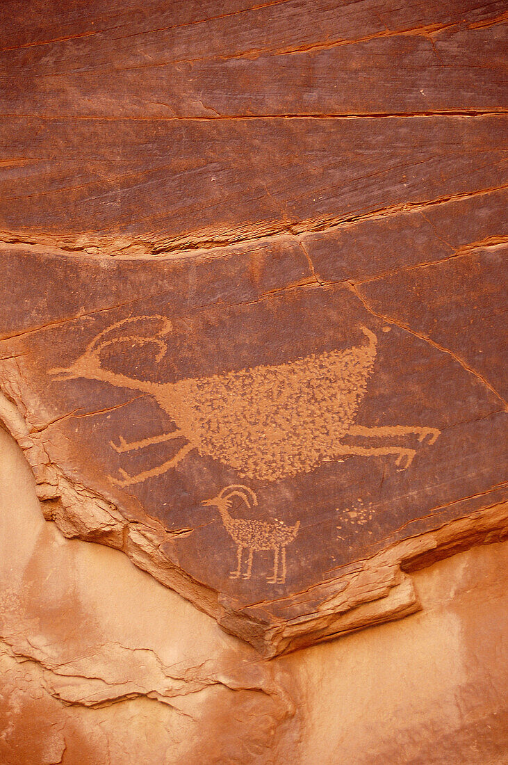 Prehistoric painting on a rock at Monument Valley depicting a big animal running while the little one is looking. Arizona/Utah, USA
