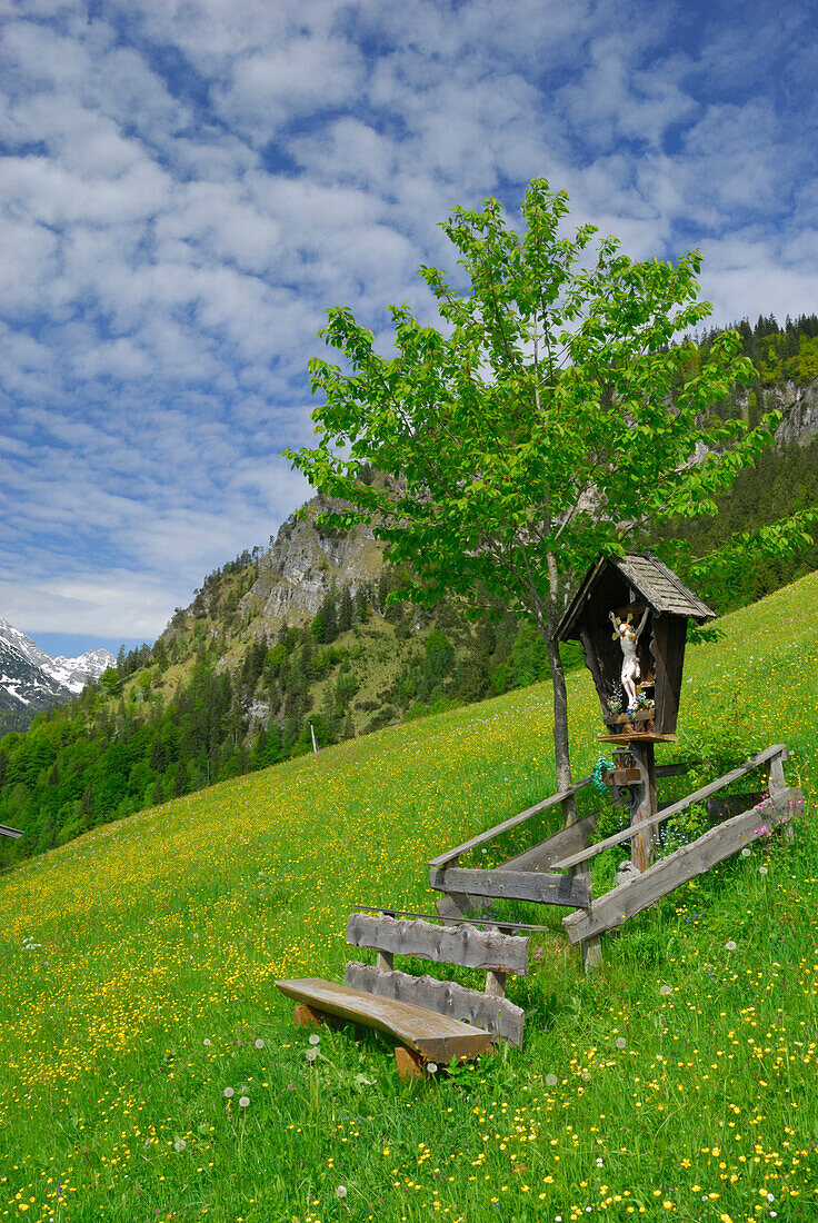 Wiese mit Bank und Feldkreuz, Lofer, Berchtesgadener Alpen, Salzburger Land, Österreich