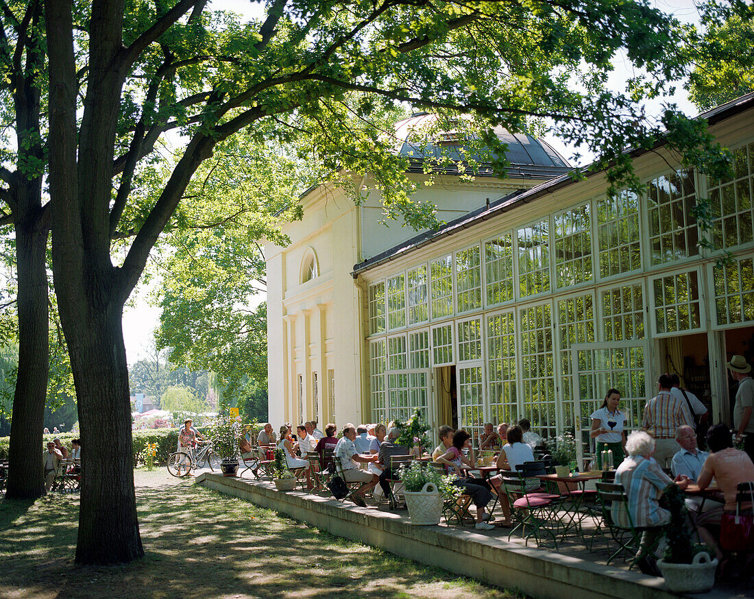 Cafe and restaurant at the Orangerie in the park of Luebbenau chateau, Luebbenau, Upper Spreewald, Spreewald, Brandenburg, Germany