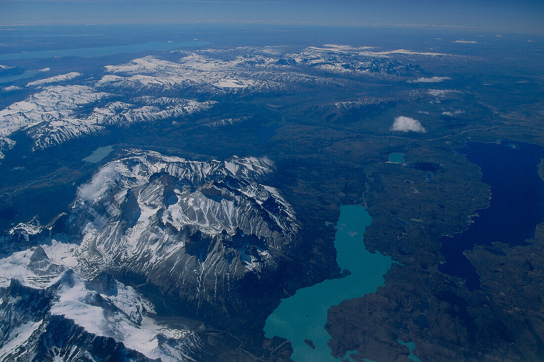Aerial view of Lago Pehoe, Paine Massiv Torres del Paine National Park, Patagonia, Chile