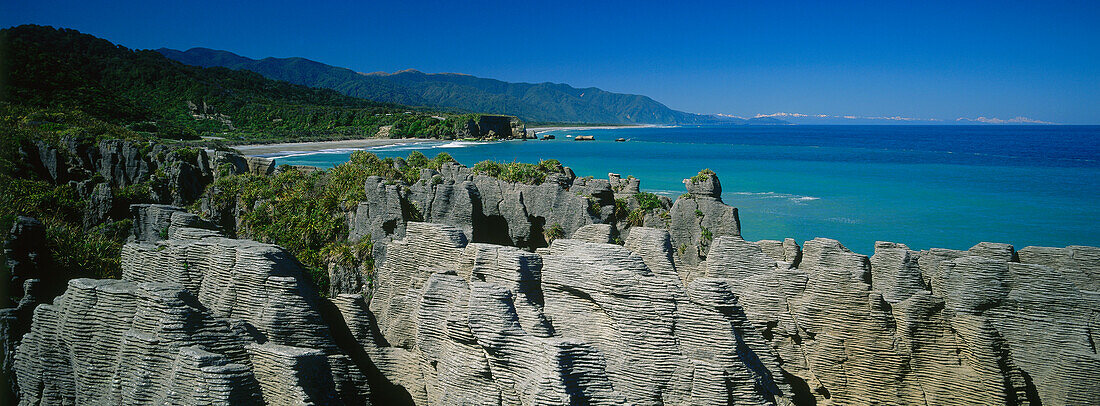 Blick über Pancake Rocks, Paparoa Nationalpark, Südinsel, Neuseeland