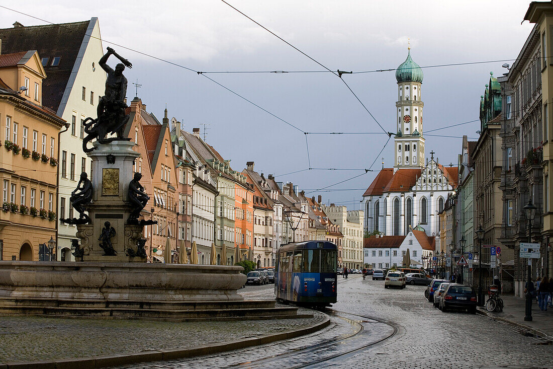 Maximilianstrasse with Herkules fountain, St. Ulrich church in the background, Germany, Bavaria, Europe