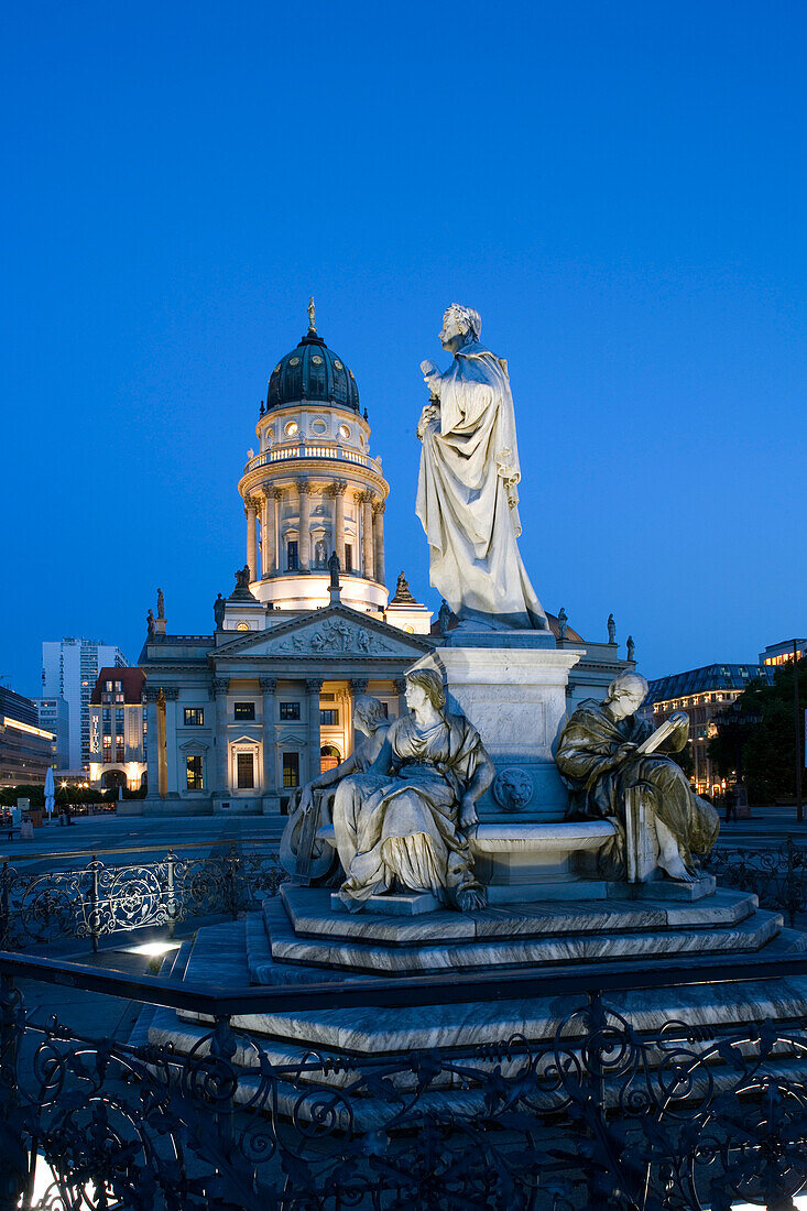 Deutscher Dom, German cathedral at Gendarmenmarkt, with Schiller Memorial, Statue of Friedrich von Schiller, Berlin, Germany, Europe