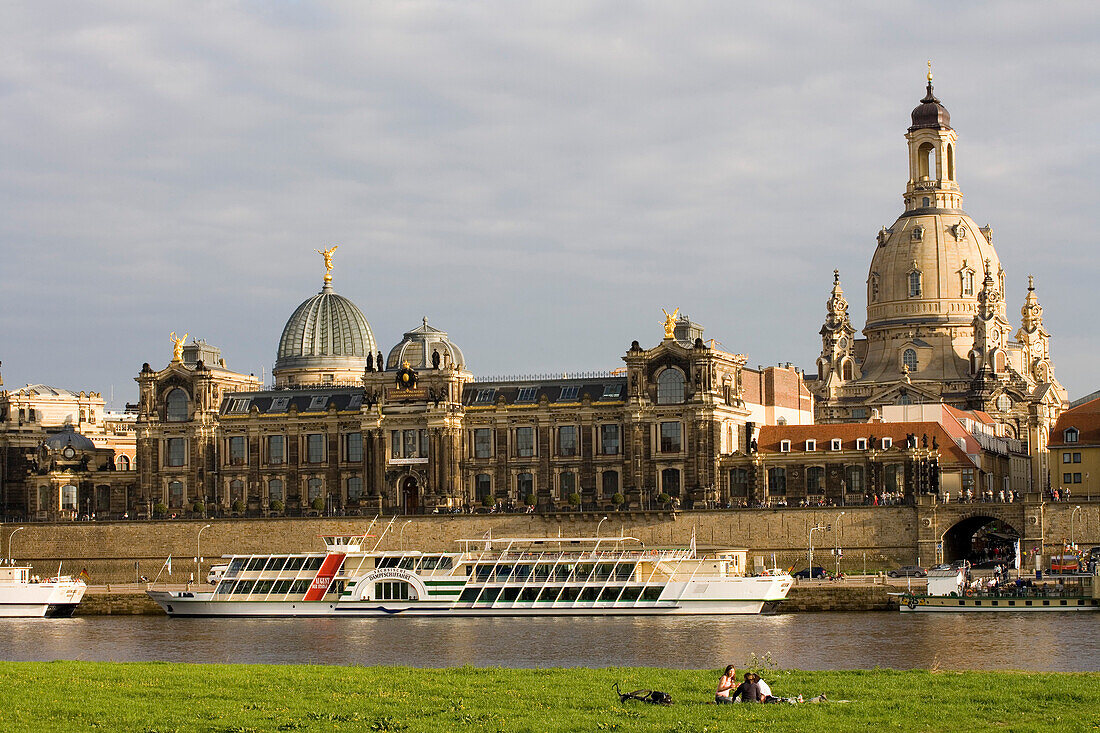 Skyline of Dresden with Bruehlsche terrace, Academy of Fine Arts and Frauenkirche, Church of Our Lady, over the Elbe River, Dresden, Saxony, Germany, Europe