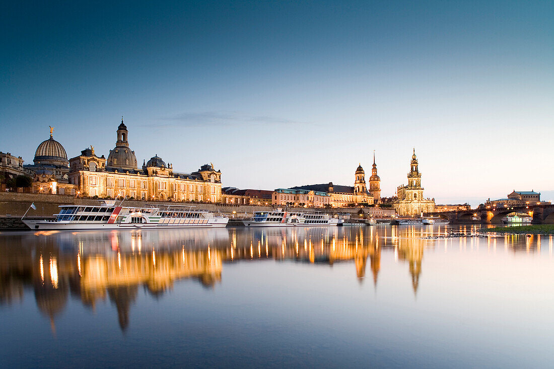 View over river Elbe to Dresden with Bruhl's Terrace, Frauenkirche, Dresden University of Visual Arts, Dresden Castle, Standehaus, Katholische Hofkirche and Semperoper, Dresden, Saxony, Germany
