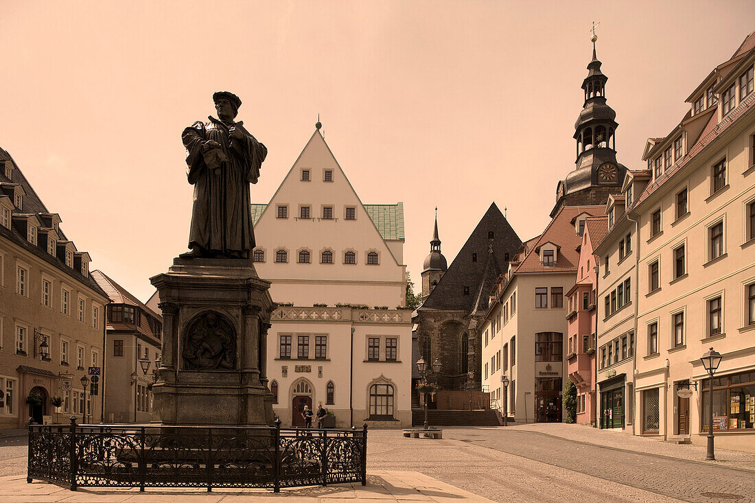Market square with town hall, St. Andreas Church and Martin Luther memorial. Since 1996 Eisleben is a member of the UNESCO World Heritage, Eisleben, Saxony-Anhalt, Germany, Europe