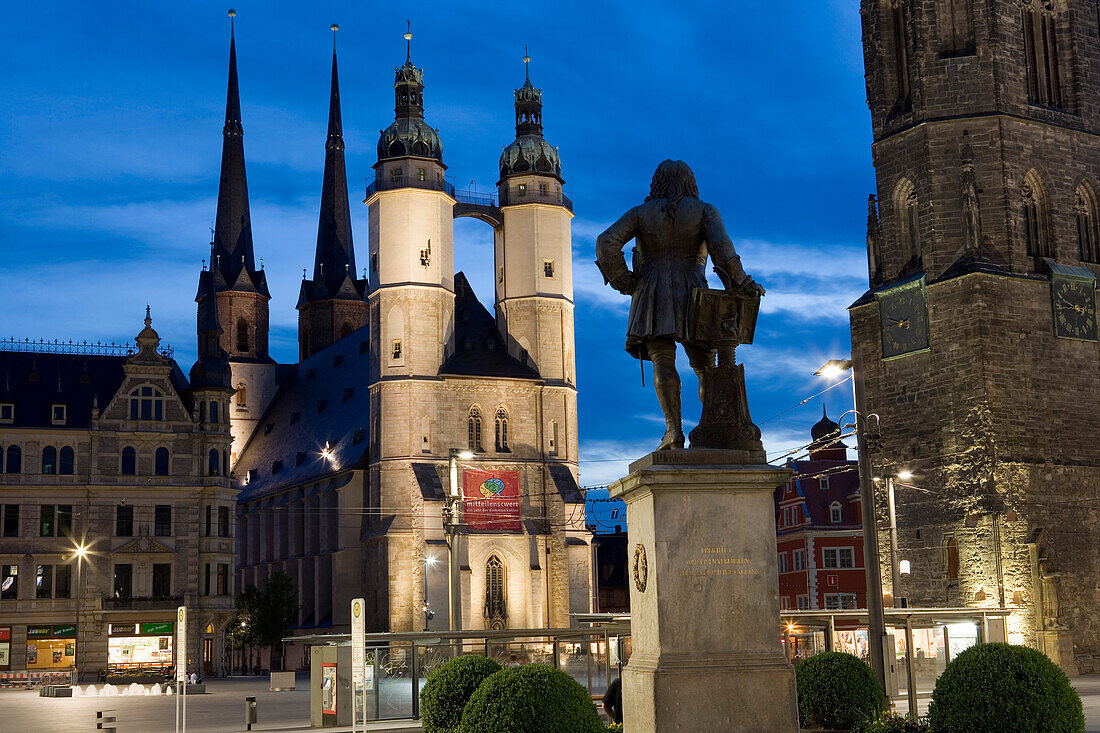 Church on central market square, Haendel monument and Red Tower, Halle an der Saale, Saxony Anhalt, Germany, Europe