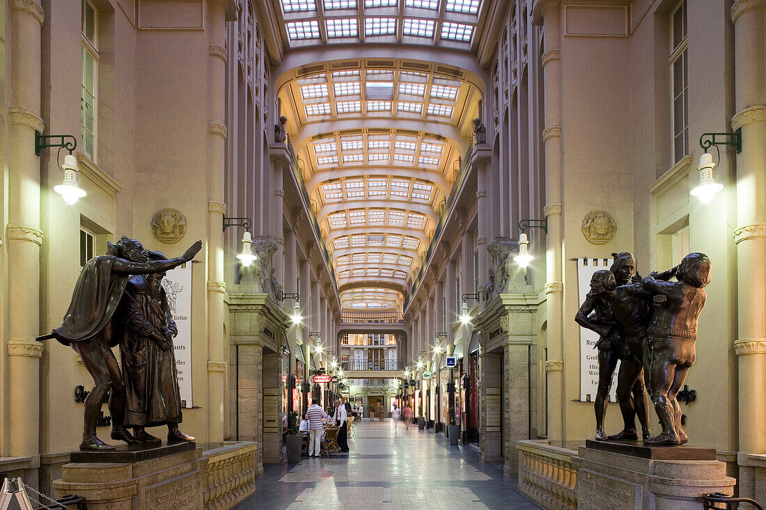 Sculptures and people at the Mädlerpassage, Leipzig, Saxony, Germany, Europe