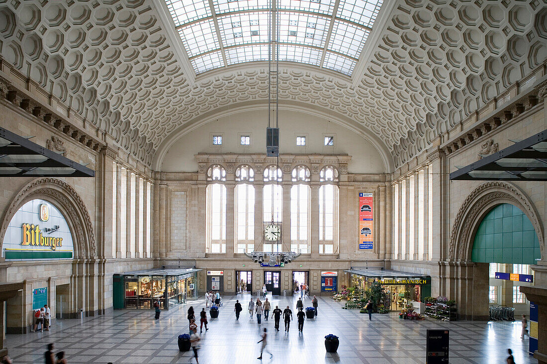 View inside the lobby of the central station, Leipzig, Saxony, Germany