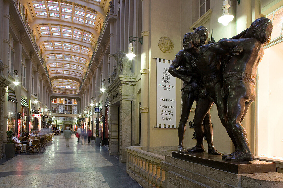 Sculptures and people at the Mädlerpassage, Leipzig, Saxony, Germany, Europe