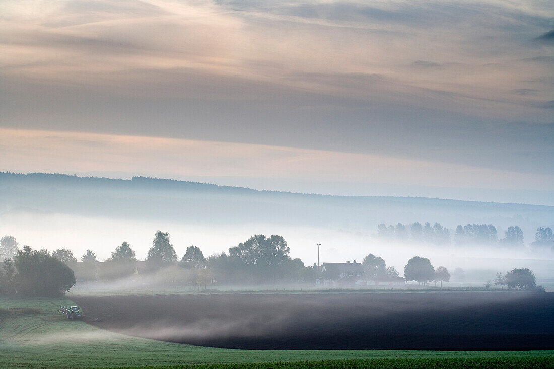 Fog over fields, Beberbeck, Hofgeismar, Hesse, Germany