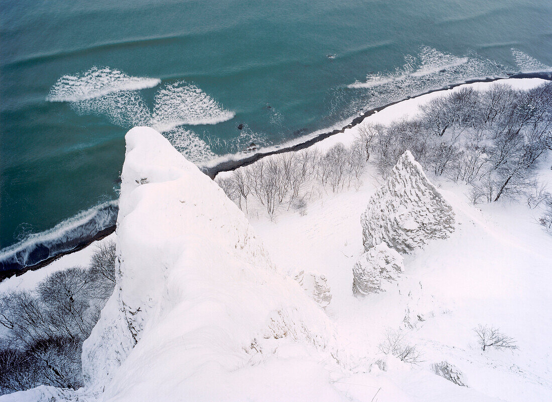 Snow covered chalk cliff, Jasmund National Park, Rugen island, Mecklenburg-Western Pomerania, Germany