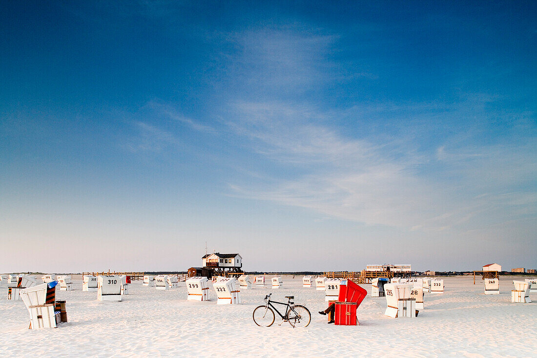 Beach chairs at beach, St. Peter-Ording, Schleswig-Holstein, Germany