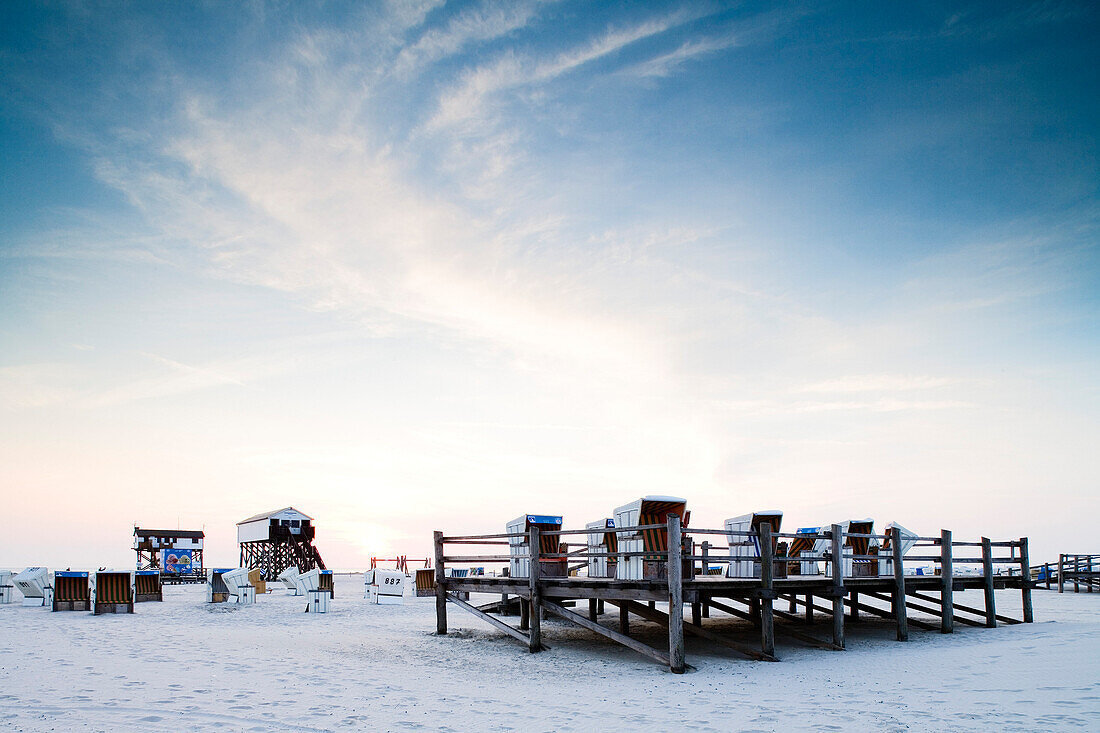 Beach chairs on the deserted beach, St. Peter Ording, Eiderstedt peninsula, Schleswig Holstein, Germany, Europe