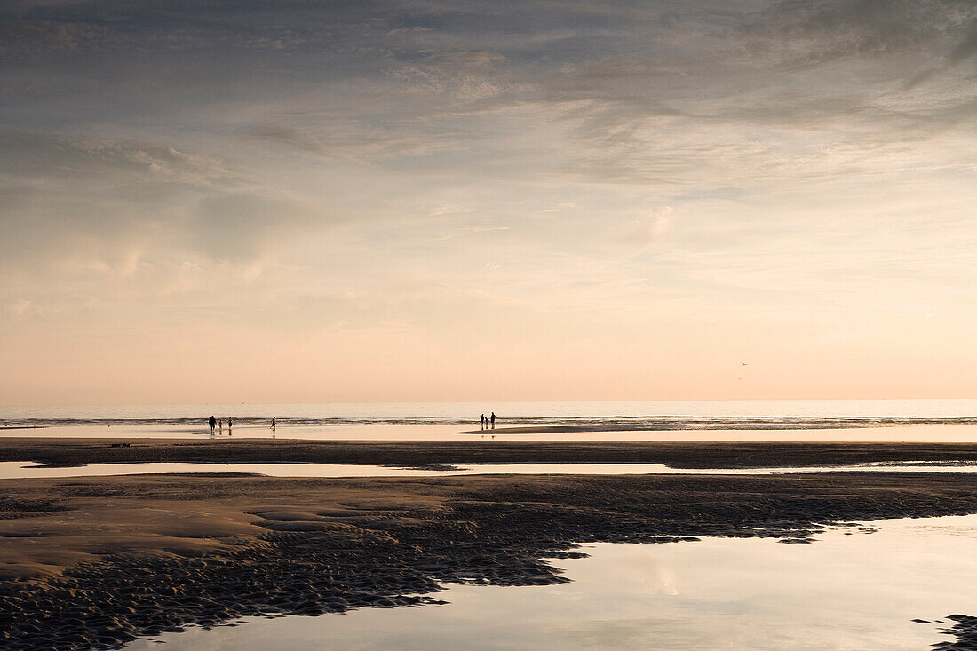 Persons walking through tideland, St. Peter-Ording, Schleswig-Holstein, Germany