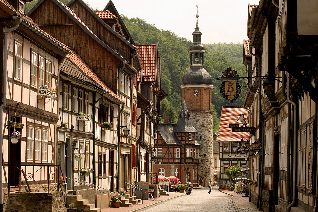 Saigerturm und Fachwerkhäuser, Stolberg, Sachsen-Anhalt, Deutschland