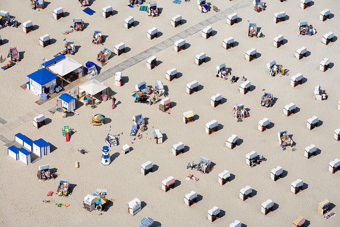 High angle view at beach with beach chairs in the sunlight, Travemuende, Schleswig Holstein, Germany, Europe