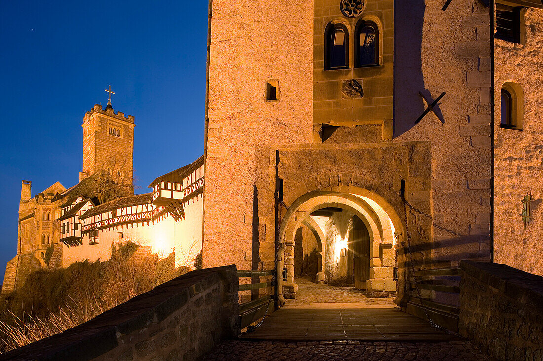 The illuminated Wartburg Castle at night, Eisenach, Thuringia, Germany, Europe