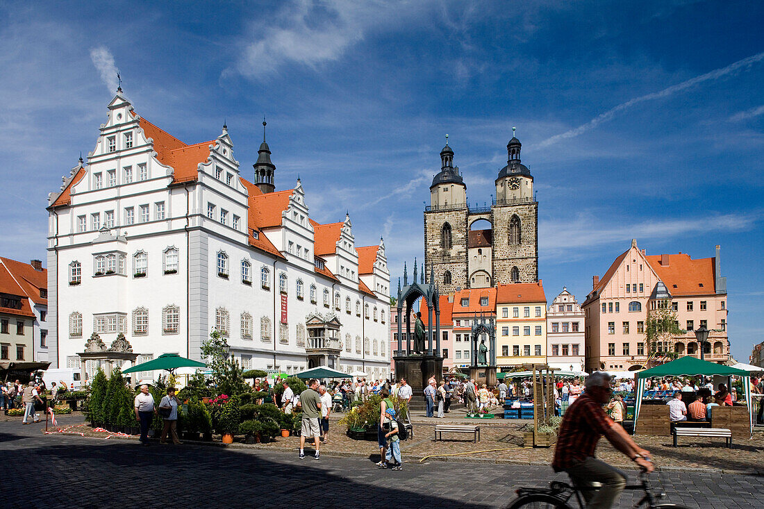 Market square with town hall, St. Mary's church and monuments of Luther and Melanchthon, Wittenberg, Saxony Anhalt, Germany, Europe