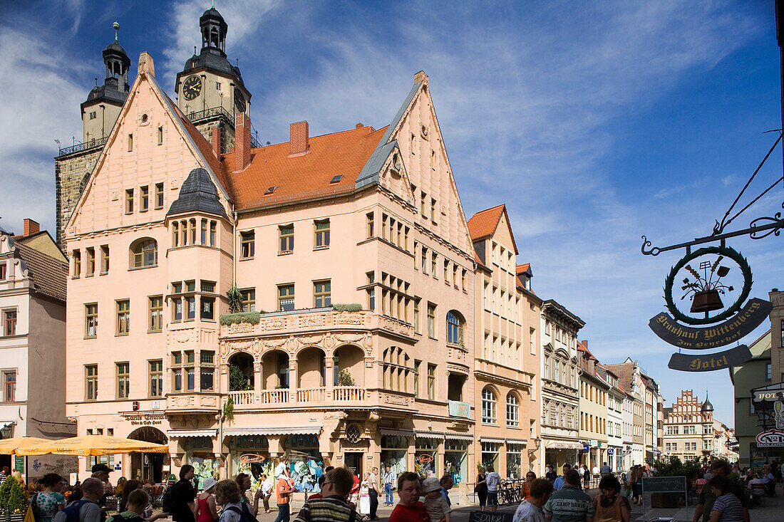 Collegienstrasse and Saint Mary's Church in the sunlight, Wittenberg, Saxony-Anhalt, Germany, Europe