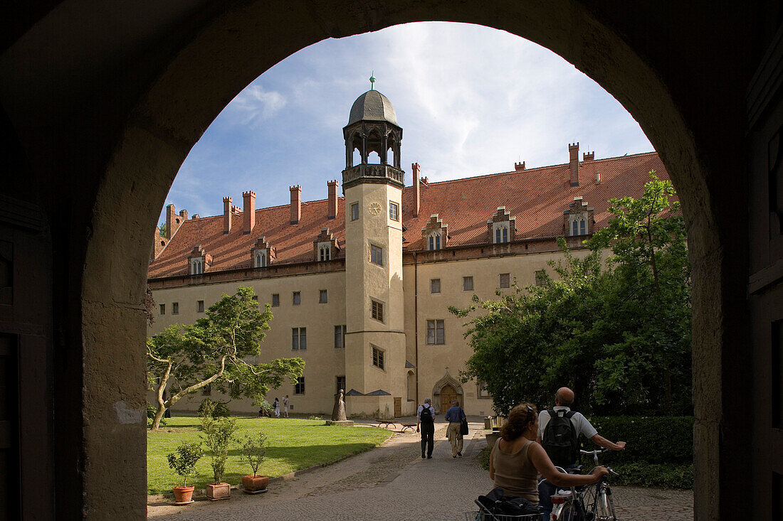 View through a gate at the Luther house at Collegienstrasse, Wittenberg, Saxony Anhalt, Germany, Europe