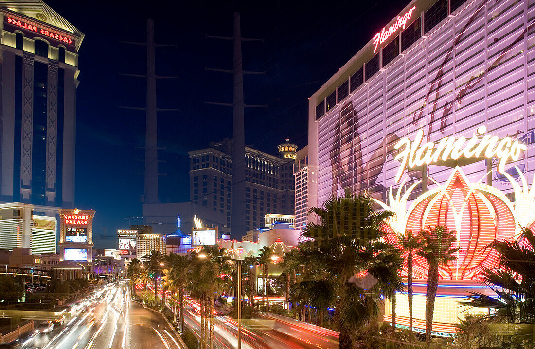 Las Vegas Boulevard, The Strip. Bellagio, Flamingo and Caesars Palace Hotel and Casino in the background, Las Vegas, Nevada, USA