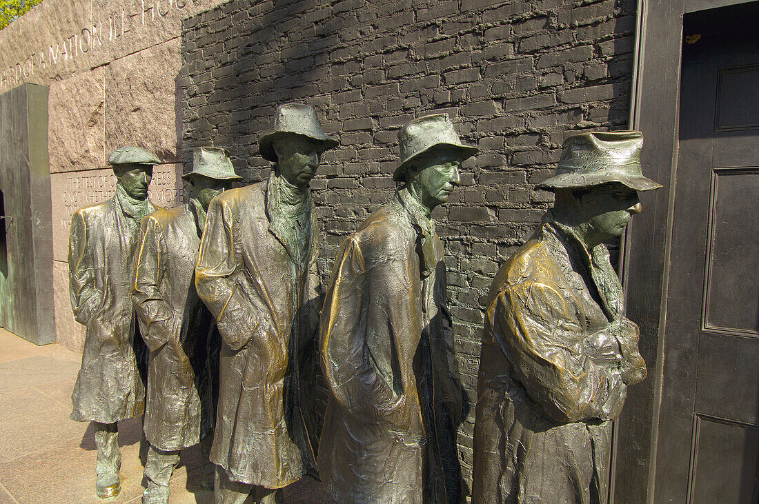 Sculptures of men in a bread line during the Great Depression, Franklin D. Roosevelt Memorial, Washington, District of Columbia, USA