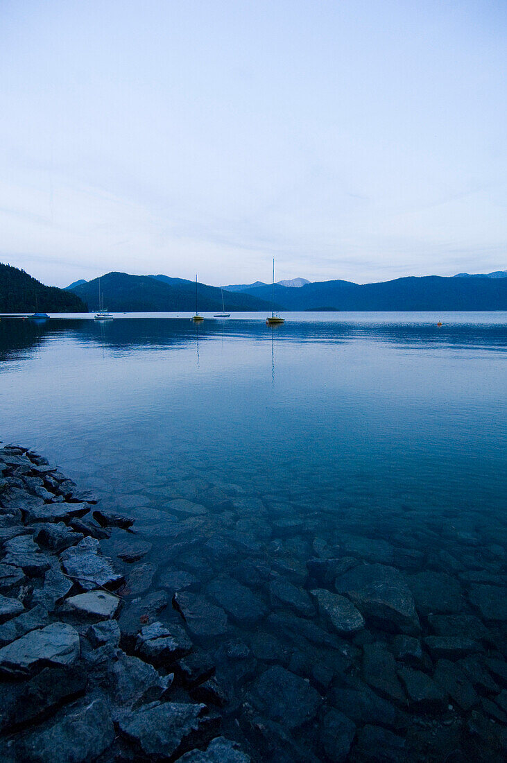 Lake Walchensee in the evening light, Bavaria, Germany