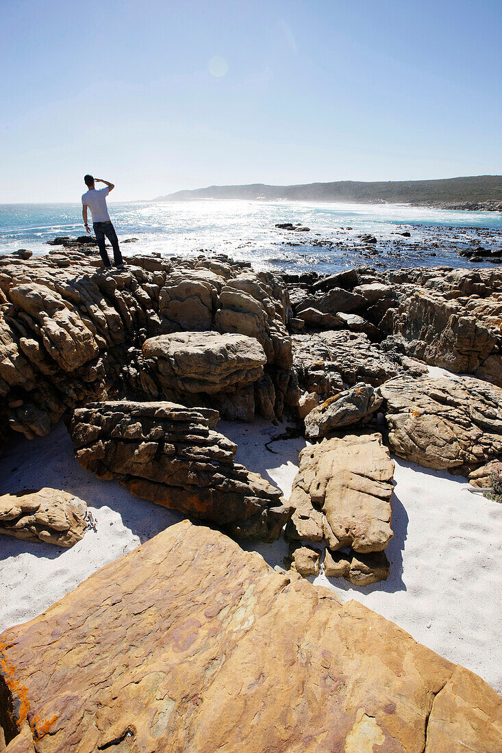 Mann betrachtet den Aussicht von Cape Point, Kap der Guten Hoffnung, Kap Halbinsel, Westkap, Südafrika