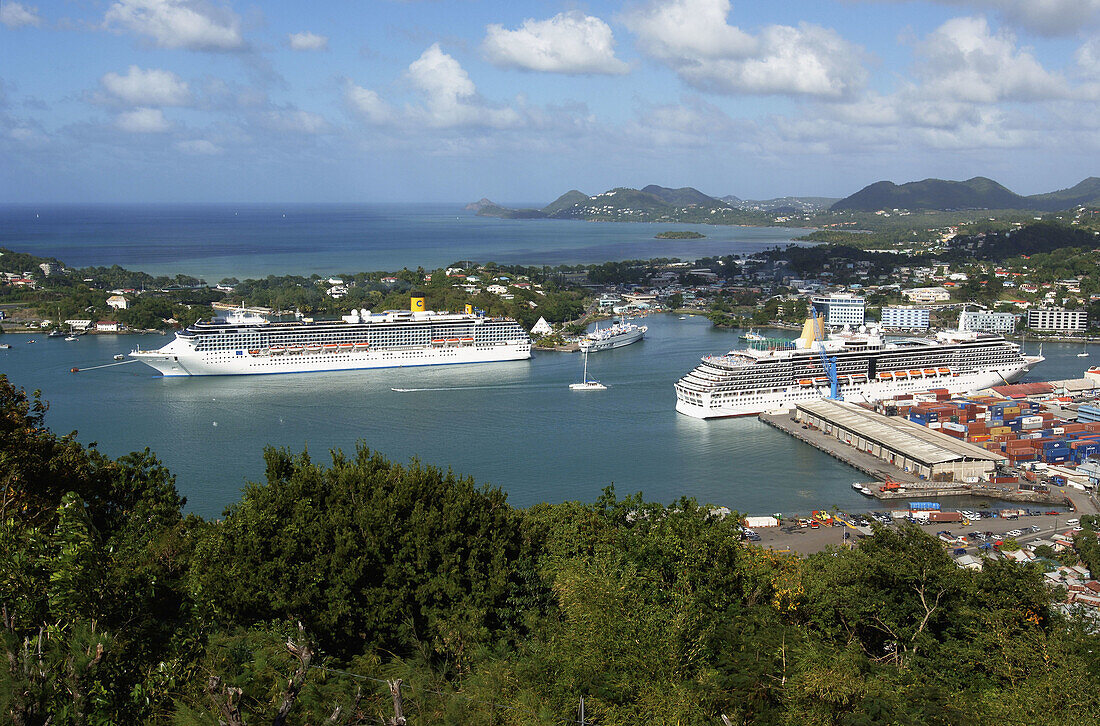 Castries harbour hosts many cruise ships. Santa Lucia. West Indies. Caribbean