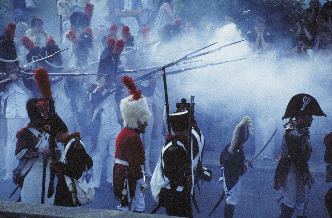 These soldiers re-enact a big street battle in Ajaccio. Napoleon birthplace, Corsica island, France