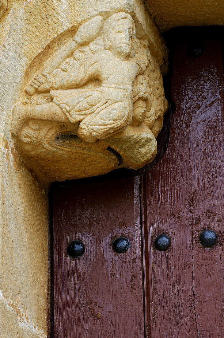 Detail of Romanesque church of Santiago (12th century), Agüero. Huesca province, Aragón. Spain