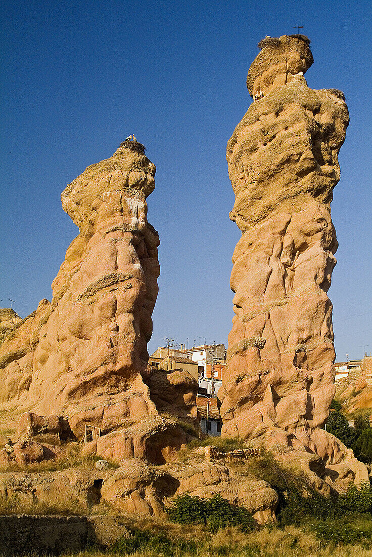 The Picuezo and the Picueza (42 and 28 m. high) sandstone rock formations, Autol. La Rioja, Spain