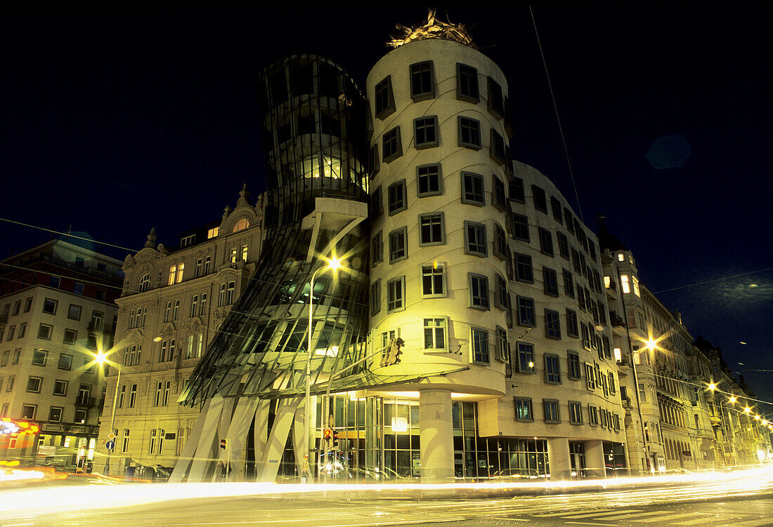 night shot, modern architecture, Dancing House by architects Gehry and Milunic, Prague, Czech Republic, Central Europe