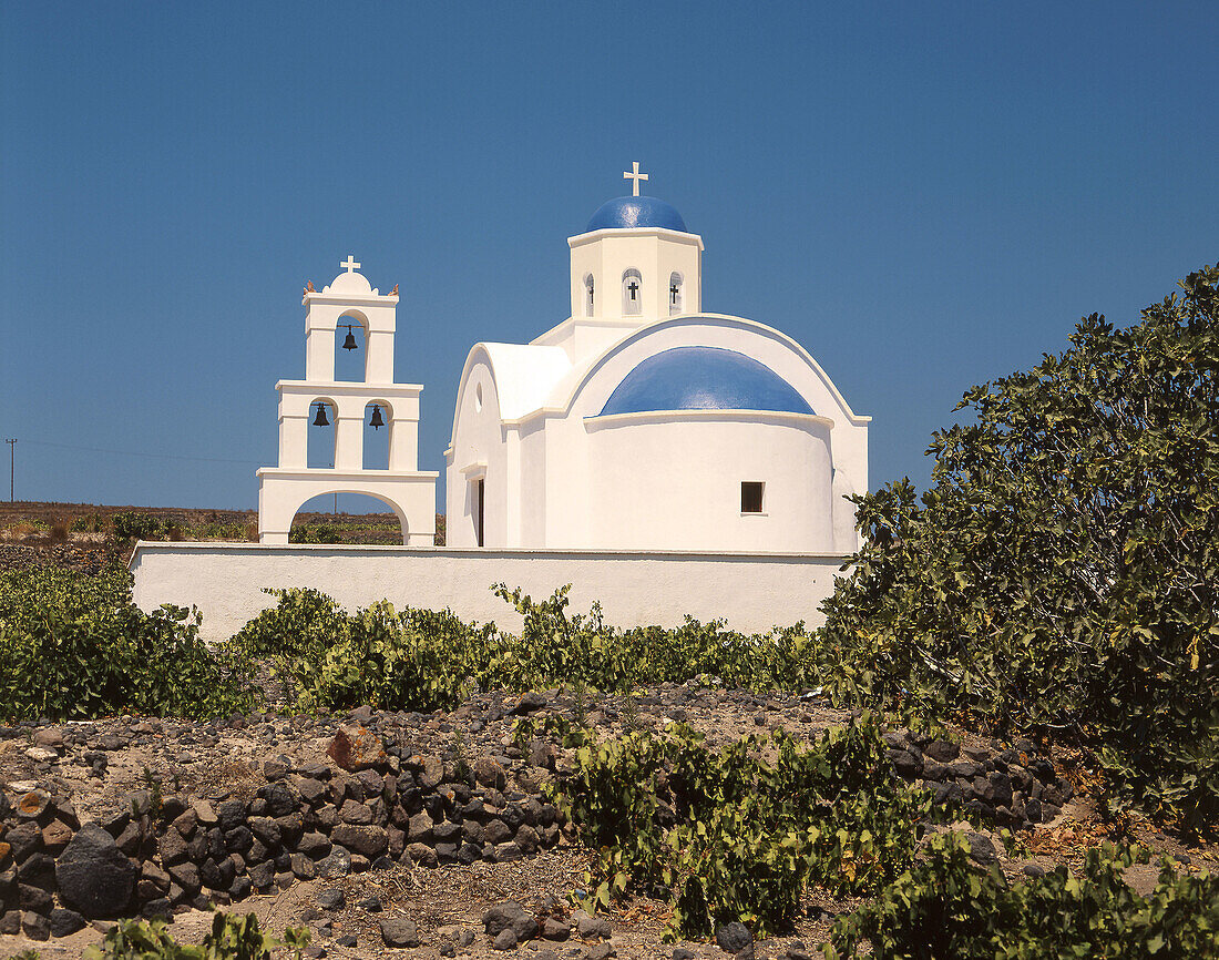 chapel and vineyard on Santorini island, Cyclades, Greece