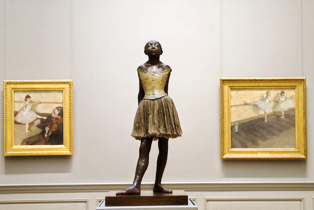 Degas Little Ballerina sculpture and two other paintings, Metropolitan Museum of Art, NYC. USA