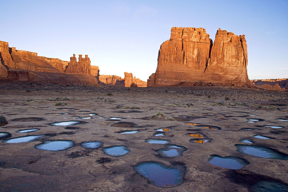 A night of rain filled potholes with water before the Three Gossips and The Organ. Arches National Park, Utah, USA.