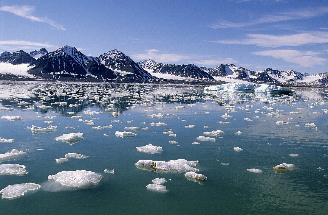 Summer arctic landscape with melting ice, Svalbard, Spitzbergen, Norway