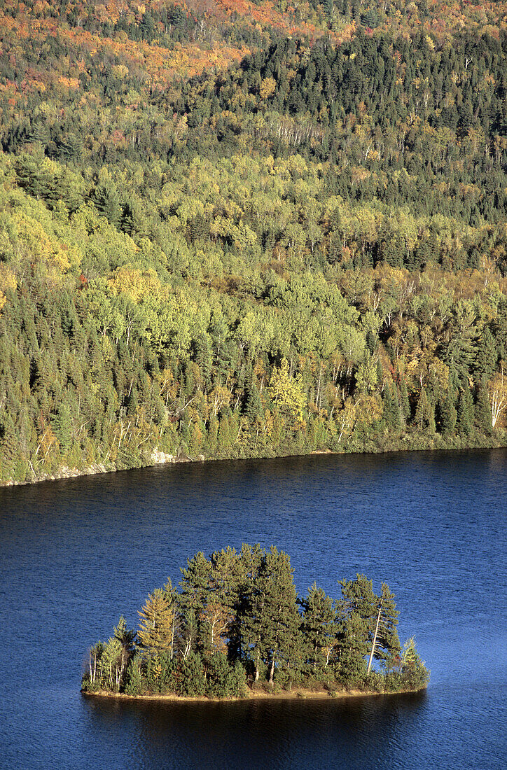 Aerial view of island in lake and mixed woodland, Ile aux Pins, La Mauricie National Park, Quebec, Canada