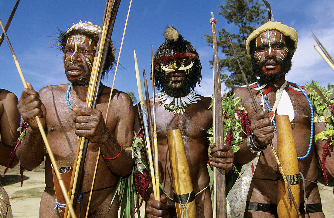 Lani hunters with painted faces, head-dresses, nose adornment and penis case, Western Papuasia, Baliem valley, Former Irian-Jaya, Indonesia