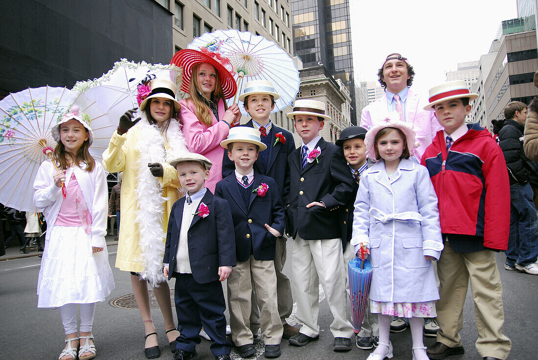 Easter Parade. Easter Sunday (April). New York City. Manhattan. 5th Ave. Every year on Easter Sunday people of all ages wear artistic costumes and/or hats symbolic of Easter or clothing that is simply colorful and humorous.