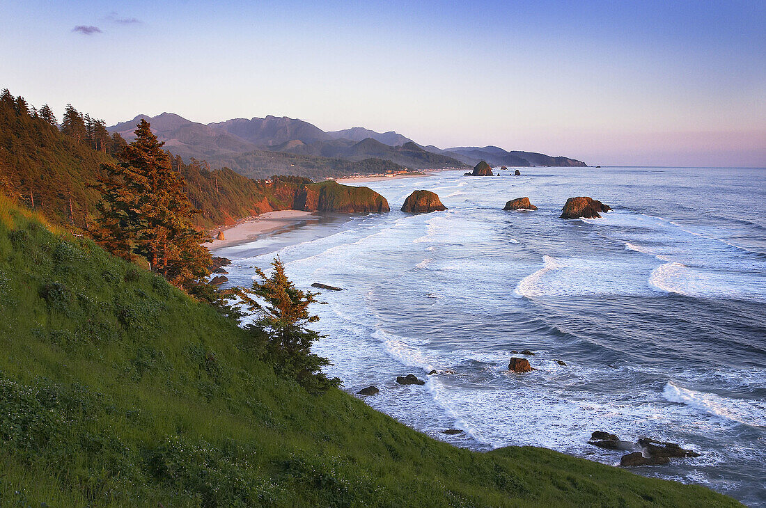 Ecola State Park overlooking Canon Beach, Oregon, at sunset.