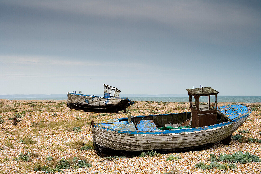 Abandoned ship wreck on the beach, Dungeness, Kent, England, Europe