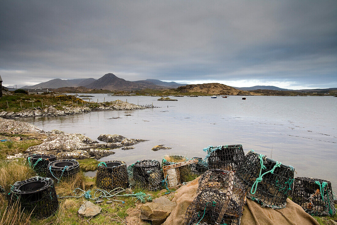 Lobsterpots in Ballynakill Harbour, Connemara, County Galway, Ireland, Europe