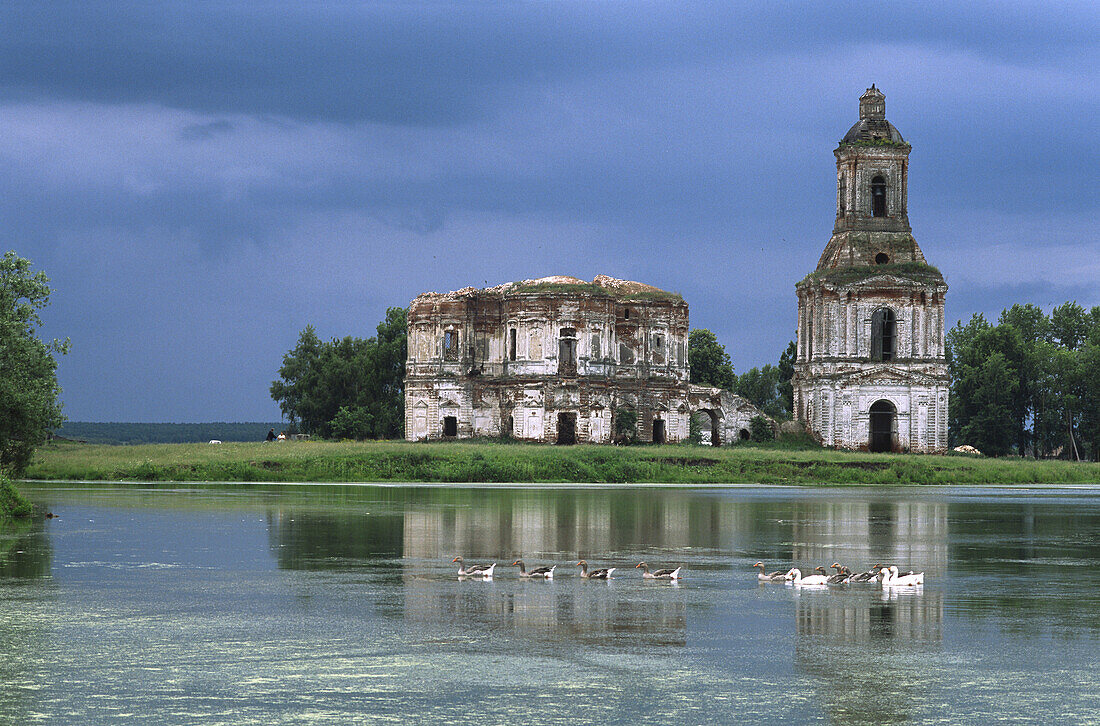 Abandoned church and geese on the pond, Hirino, Nizhny Novgorod region, Russia