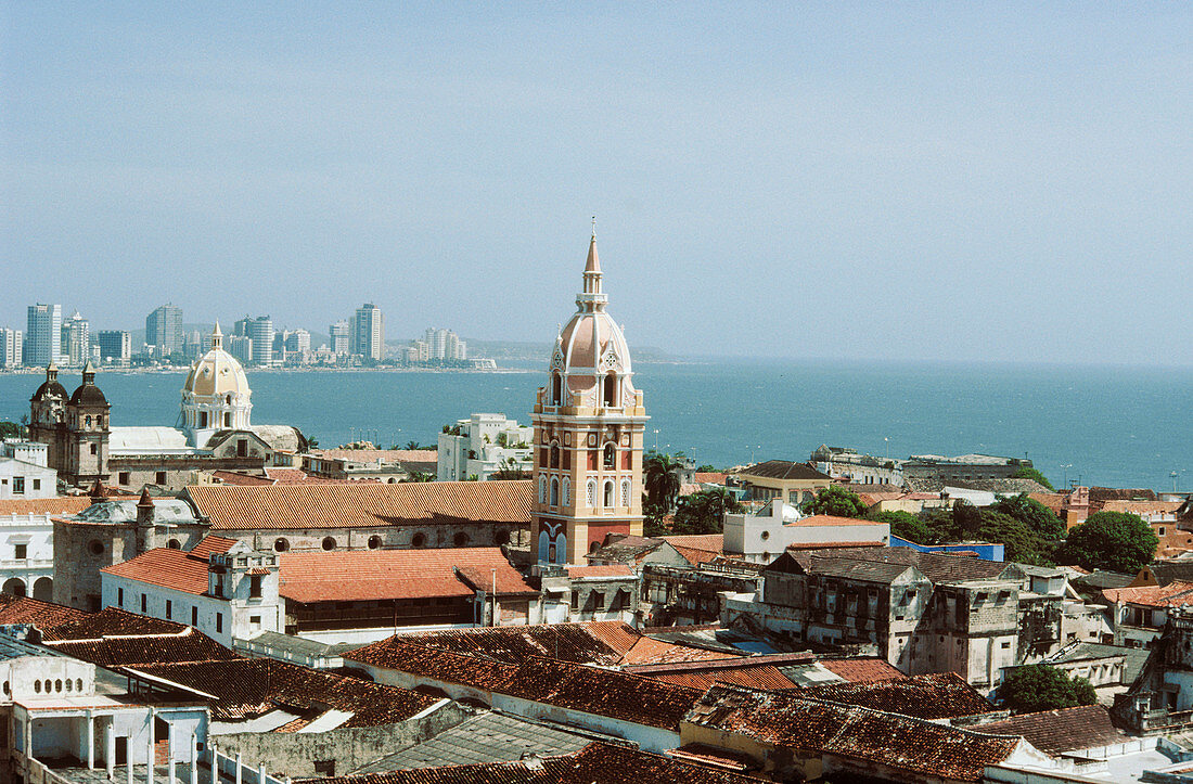 Cathedral tower with turistic complex at background. Cartagena de Indias. Colombia