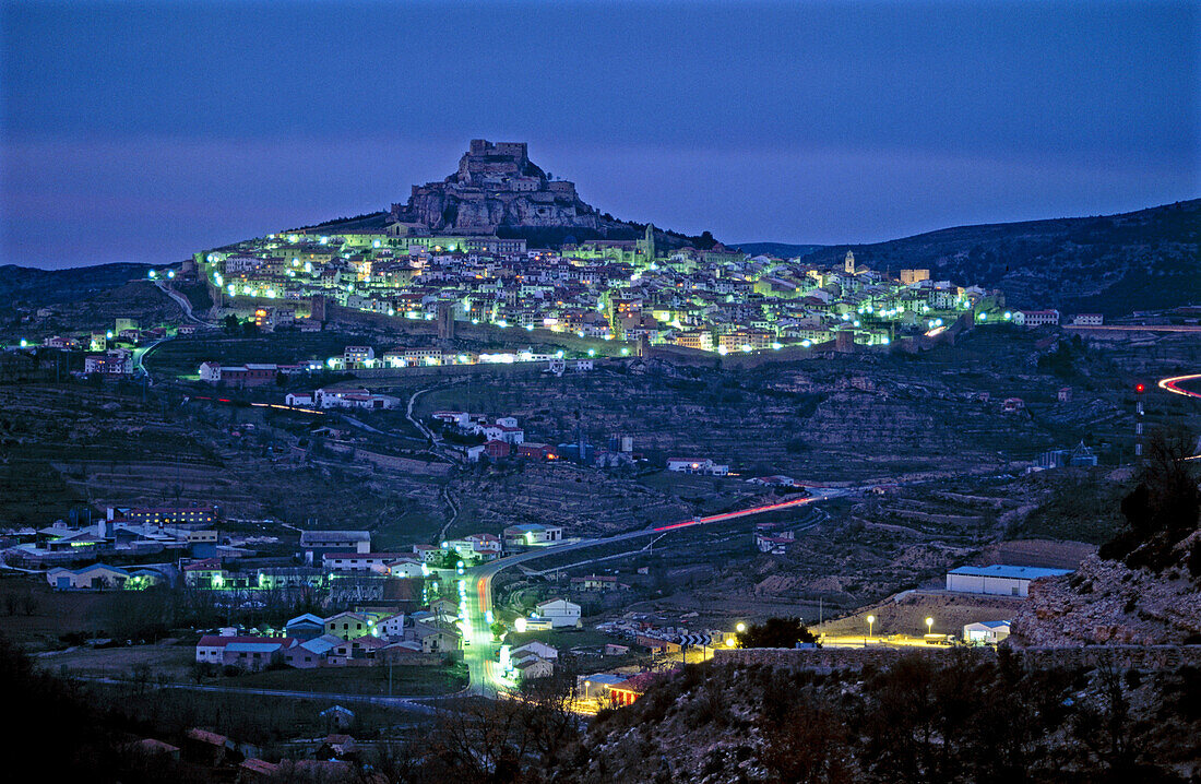 Night view on Morella from Camino de Ares. Castellón province, Spain